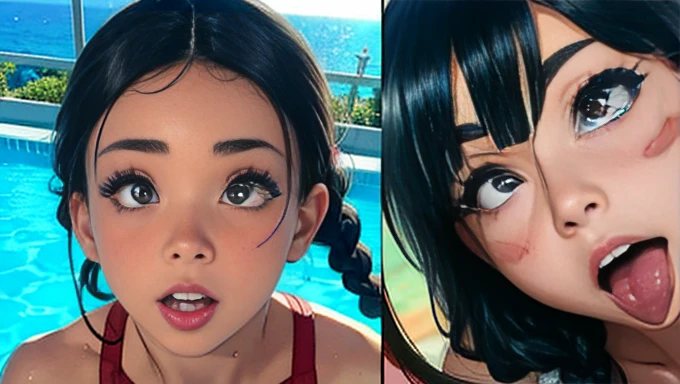 masutepiece,20 year old、(Colossal tits:1.5)、The upper part of the body、(realisitic:1.7)、((top-quality))、(超A high resolution)、(Photorealsitic:1.6)、Photorealsitic、octane renderings、(hyper realisitic:1.2)、(photorealiscic face:1.2)、(8K)、(4K)、(masterpiece)、(realistic skin textures)、(illustratio、light)、(Brown eyes)、(beautidful eyes:1.2)、((((face perfect))))、(Ahegao:1.5)、sticking out the tongue、red blush、full of shyness、(cute little)、(Braids on both sides)、Raising both arms、sexy pose、Spread your legs apart、Opening legs,erotick,Dynamism,School swim wear,School swimsuit is black, show through,real looking skin、 25 Meter Pool, in poolside, gozo