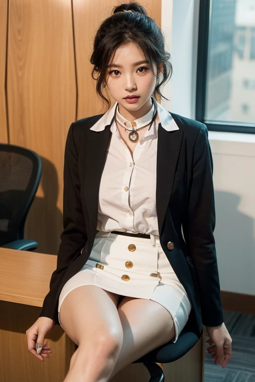 (masterpiece、highest quality、High resolution、realistic pictures、real looking skin:1.1)、 (The company's receptionist is working while sitting politely in the office chair at the reception desk.:1.8)、 (As a receptionist, she sits gracefully in an office chair and guides customers.:1.8)、 (She has a troubled look:1.5)、 (She is wearing a white reception blazer and miniskirt set.:1.8)、 (She is wearing black high heels:1.5)、 (Since I'm working at the reception desk, I have my shirt buttoned up to the first button, a ribbon around my neck, and all the buttons on my blazer are fastened.:1.8)、 (black short hair:1.5)、 (The location is an office chair at the reception desk of the general reception center.:1.5)、 1 Japanese girl、solo、full body esbian、beautiful eyes、shining eyes、Shining thighs、NSFW