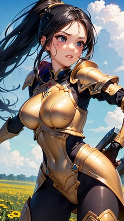 A girl is posing for a photo, cute女の子, Enchanting girl, Anime Girls, 
(((One Girl, Baby Face, cute, 16 years old))), 

(dknsoutfit:1.3、Black Armor、Gold-decorated breastplate、Gold-decorated knee pads、Holding a big sword),   
BREAK 

(Beautiful Hair, Shiny Hair), (Black Hair、ponytail、slicked back hair:1.4),  
(Expression of fine eyes, Beautiful and delicate eyes, Sparkling eyes, Eye Reflexes), (black eye), 
double eyelid, Long eyelashes, 
(Beautiful Nose,Thin Nose), 
(Glossy lips, Beautiful Lips, Thick lips), 
(Symmetrical facial features, Perfect Face), (((Detailed skin, Oily skin, Textured skin, Beautiful Skin))), 
break  

(smile), 
(noon、(Sunshine、Meadow in a fantasy world、blue sky、cumulonimbus)), ((Dynamic Pose、front view、Cowboy Shot:1.4)), 
break 

(((highest quality)), ((masterpiece)), (Very detailed), (High resolution), (Beautiful sparkle), (High detail), (Anatomically correct)), ((Realistic)), 
(The best CG), Highly detailed art, CG illustration, (16k, 1080p), ((Line art)),

