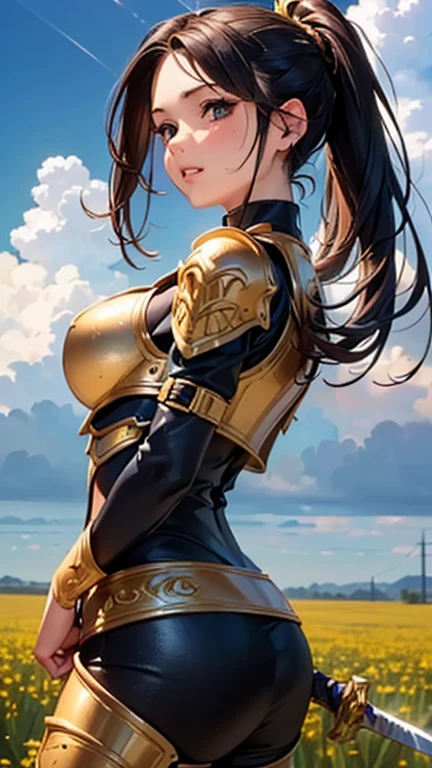 A girl is posing for a photo, cute女の子, Enchanting girl, Anime Girls, 
(((One Girl, cute, 16 years olsoutfit:1.3、Black Armor、Gold-decorated breastplate、Gold-decorated knee pads、Holding a big sword),   
BREAK 

(Beautiful Hair, Shiny Hair), (Black Hair、ponytail、slicked back hair:1.4),  
(Expression of fine eyes, Beautiful and delicate eyes, Sparkling eyes, Eye Reflexes), (black eye), 
double eyelid, Long eyelashes, 
(Beautiful Nose,Thin Nose), 
(Glossy lips, Beautiful Lips, Thick lips), 
(Symmetrical facial features, Perfect Face), (((Detailed skin, Oily skin, Textured skin, Beautiful Skin))), 
break  

(smile), 
(noon、(Sunshine、Meadow in a fantasy world、blue sky、cumulonimbus)), ((Dynamic Pose、front view、Cowboy Shot:1.4)), 
break 

(((highest quality)), ((masterpiece)), (Very detailed), (High resolution), (Beautiful sparkle), (High detail), (Anatomically correct)), ((Realistic)), 
(The best CG), Highly detailed art, CG illustration, (16k, 1080p), ((Line art)),

