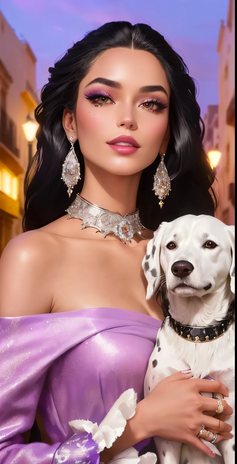 Create a high-fashion magazine cover featuring a beautiful woman with long black hair flowing in the wind with silver bobby pins on either side and glamorous Barbie-style diva makeup with lilac lipstick. It is set in an urban setting in Seville with a colorful, blurred background of vibrant lights and buildings. He wears an extravagant outfit with a large collar with lilac-colored plush decorations. silver. An ornate jewel adds opulence. To his right he holds a well-groomed Dalmatian dog with black spots and an elegant collar. and with the other hand he smiles to take a selfie. The scene exudes sophistication and haute couture.