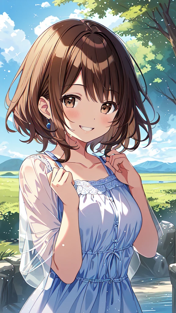 highest quality, masterpiece, Ultra-high resolution, 8k, Summer sky, early summer, (((Summer clothes)), Show anime style , One, Soft Line Art, Digital Enhancement, shojo anime touch, shojo manga core, Flowing fabric, close, (Short brown hair)), Wet Hair, Staring at us from the front, Soft Drawing, Beautiful brown hair, Clear brown eyes, A little chubby,Small breasts,(((Teasing Smile)) , Ultra High Definition Digital Anime Art, Clear facial depiction, Highly detailed girl manga character art, Ultra-detailed manga style, highest qualityの色, hand, Landscape with nature, Look up at the sky, Upper body close-up photo