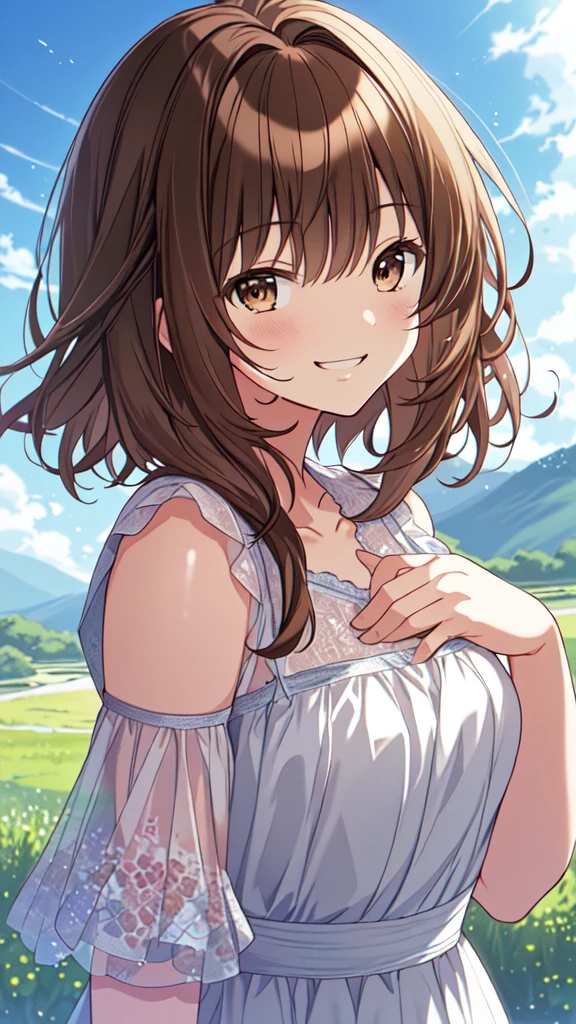 highest quality, masterpiece, Ultra-high resolution, 8k, Summer sky, early summer, (((Summer clothes)), Show anime style , One, Soft Line Art, Digital Enhancement, shojo anime touch, shojo manga core, Flowing fabric, close, (Short brown hair)), Wet Hair, Staring at us from the front, Soft Drawing, Beautiful brown hair, Clear brown eyes, A little chubby,Small breasts,(((Teasing Smile)) , Ultra High Definition Digital Anime Art, Clear facial depiction, Highly detailed girl manga character art, Ultra-detailed manga style, highest qualityの色, hand, Landscape with nature, Look up at the sky, Upper body close-up photo