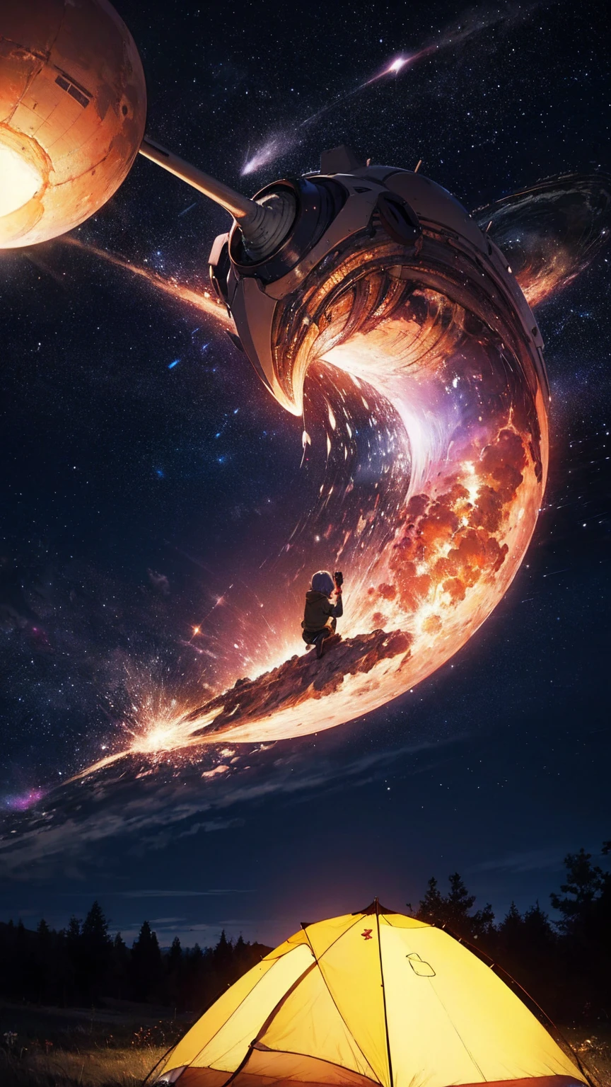 Outdoor Camping, night, Alien planets, Alien fauna, Alien Technology, Alien planetss and unknown constellations in the night sky, fantastic Outdoor Camping on an Alien planets, Movie Frame, Very detailed, Very long, Hyperactivity, Super accurate, (classic anime style)
