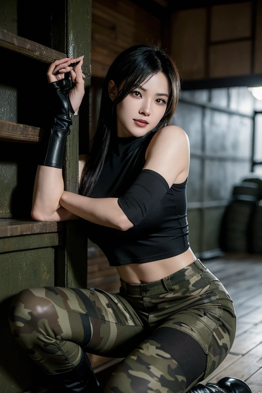 Ada Wong in Resident Evil remake woman, very long hair, black hair, straight hair, sexy woman, military, smiling, single woman, large breasts, tight camouflage short-sleeved t-shirt, tight camouflage legging pants, black knee high boots, sexy pose hot, military training camp place