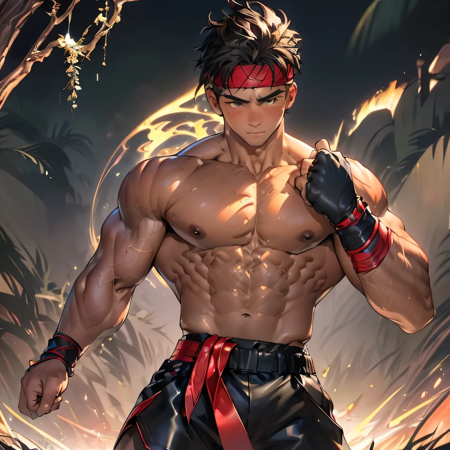 (Masterpiece, Best quality 19 year old boy, black background, cowboy shot), solo, Young, boy, muscler, Shirtless, topless, (Dark Short straight hair, under cut, brown eyes), (red headband, ((leather fingerless grobe, black wristband))), Vivid colors, muscler!, muscler, muscler body, detailed face, detailed muscle, (((A magical mystical glowing aura, cosmic power glowing and flourishing, rippling muscles, fighting pose, struggle, combats)))