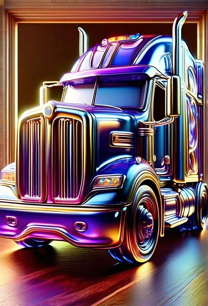 4d Stained Glass Windows semi truck, (((focus))), inglazing: inner  glowing blue red purple yellow, deepbeveling, mirroring, bright purple blue gems inside, floating, sungolden hour, Sunrays, reflection, inside a 4D large glass box, deepbeveling, sitting on a wooden parquet backdrop, bright, photo-realistic, 8k uhd, watce