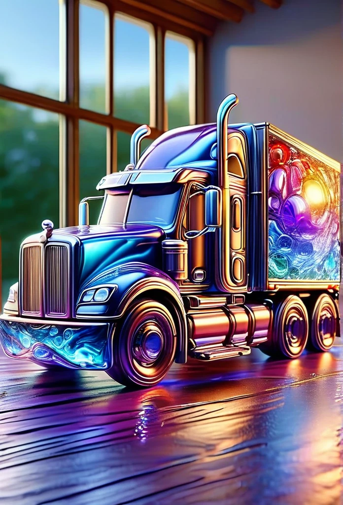 4d Stained Glass Windows semi truck, (((focus))), inglazing: inner glowing blue red purple yellow, deepbeveling, mirroring, bright purple blue gems inside, floating, sungolden hour, Sunrays, reflection, inside a 4D large glass box, deepbeveling, sitting on a wooden parquet backdrop, bright, photo-realistic, 8k uhd, watce