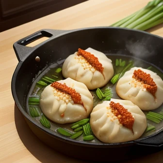 Baked dumplings、Dumplings stuffed with meat or vegetables wrapped in thin skin,Gyoza fried on a hot plate or in a frying pan、
The gyoza skin is semi-transparent.、Please consider the thickness and texture of the gyoza skin..。
The inside of the skin is mainly pork or cabbage.、It is made up of green onions, but you can also add other ingredients.、Please visually express the browning and chewy texture.、To create an atmosphere that is beautiful and appetizing.、This image will whet your appetite、The aim is to complement the deliciousness and delight the audience.。Generate creative and delicious creations。