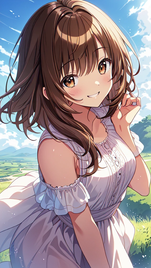 highest quality, masterpiece, Ultra-high resolution, 8k, Summer sky, early summer, (((Summer clothes)), Show anime style , One, Soft Line Art, Digital Enhancement, shojo anime touch, shojo manga core, Flowing fabric, close, (Short brown hair)), Wet Hair, Staring at us from the front, Soft Drawing, Beautiful brown hair, Clear brown eyes, A little chubby,Small breasts,(((Teasing Smile)) , Ultra High Definition Digital Anime Art, Clear facial depiction, Highly detailed girl manga character art, Ultra-detailed manga style, highest qualityの色, hand, Landscape with nature, Look up at the sky, Face up photo