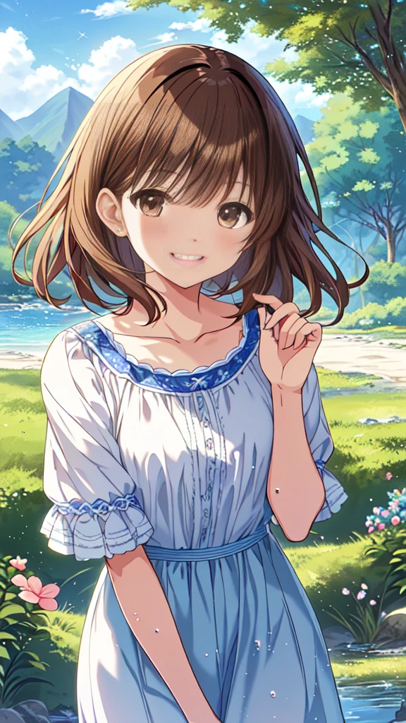 highest quality, masterpiece, Ultra-high resolution, 8k, Summer sky, early summer, (((Summer clothes)), Show anime style , One, Soft Line Art, Digital Enhancement, shojo anime touch, shojo manga core, Flowing fabric, close, (Short brown hair)), Wet Hair, Staring at us from the front, Soft Drawing, Beautiful brown hair, Clear brown eyes, A little chubby,Small breasts,(((Teasing Smile)) , Ultra High Definition Digital Anime Art, Clear facial depiction, Highly detailed girl manga character art, Ultra-detailed manga style, highest qualityの色, hand, Landscape with nature, Look up at the sky, Face up photo