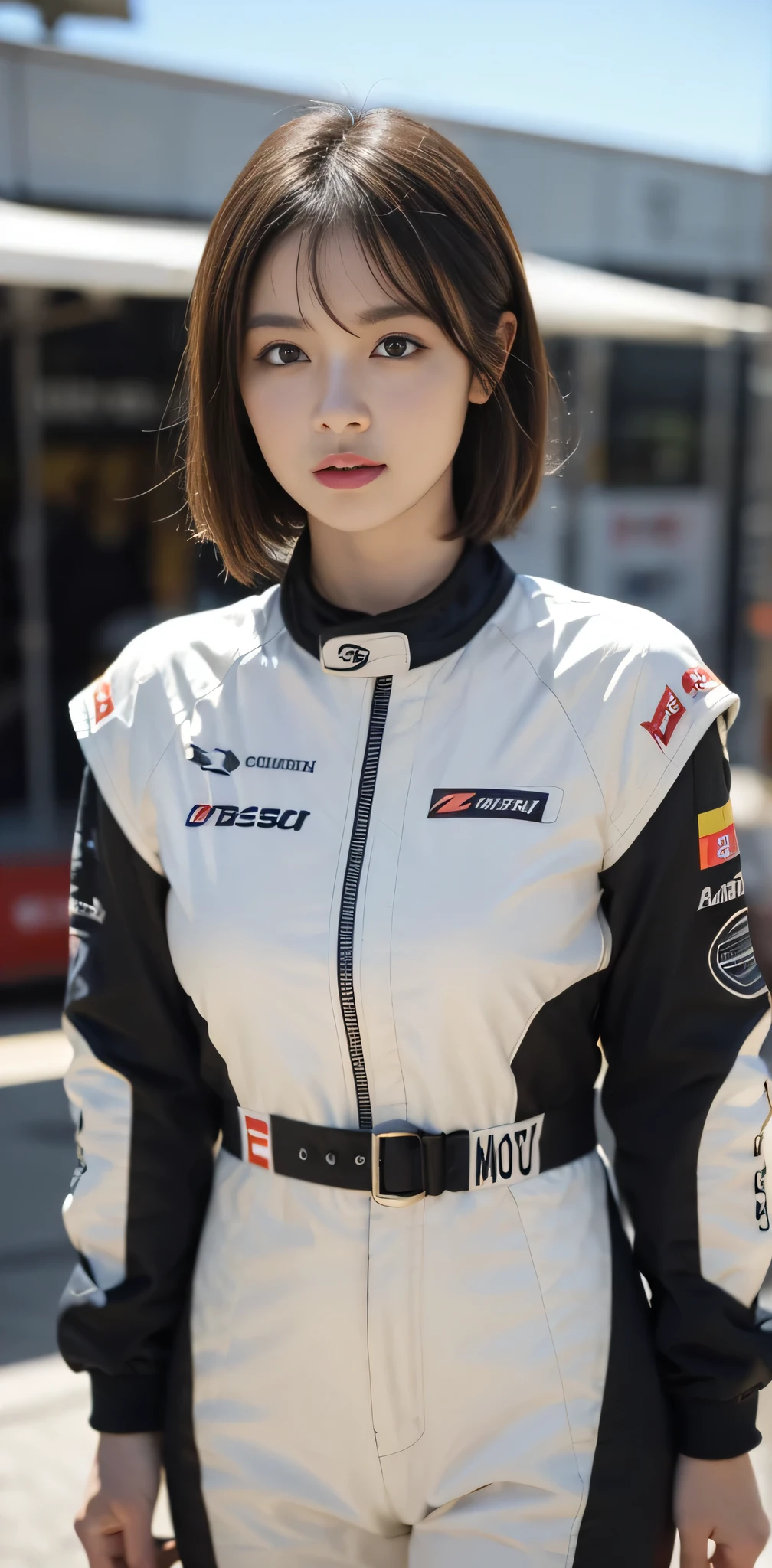 videl, (dbz), curvy, attractive, short hair, beautiful detailed eyes, absurd, highres, ultra detailed, (Highest image quality), (Master work), (Detailed description of the eye), (8K wallpaper), (Detailed description of the face), depth of field, (lens reflection), standing, beside Lexus IS350 GT300 Base Model '08, black race car, (F1_racing_suit), realistic, stunning visual,  automotive stickers, beach circuit, sunny day