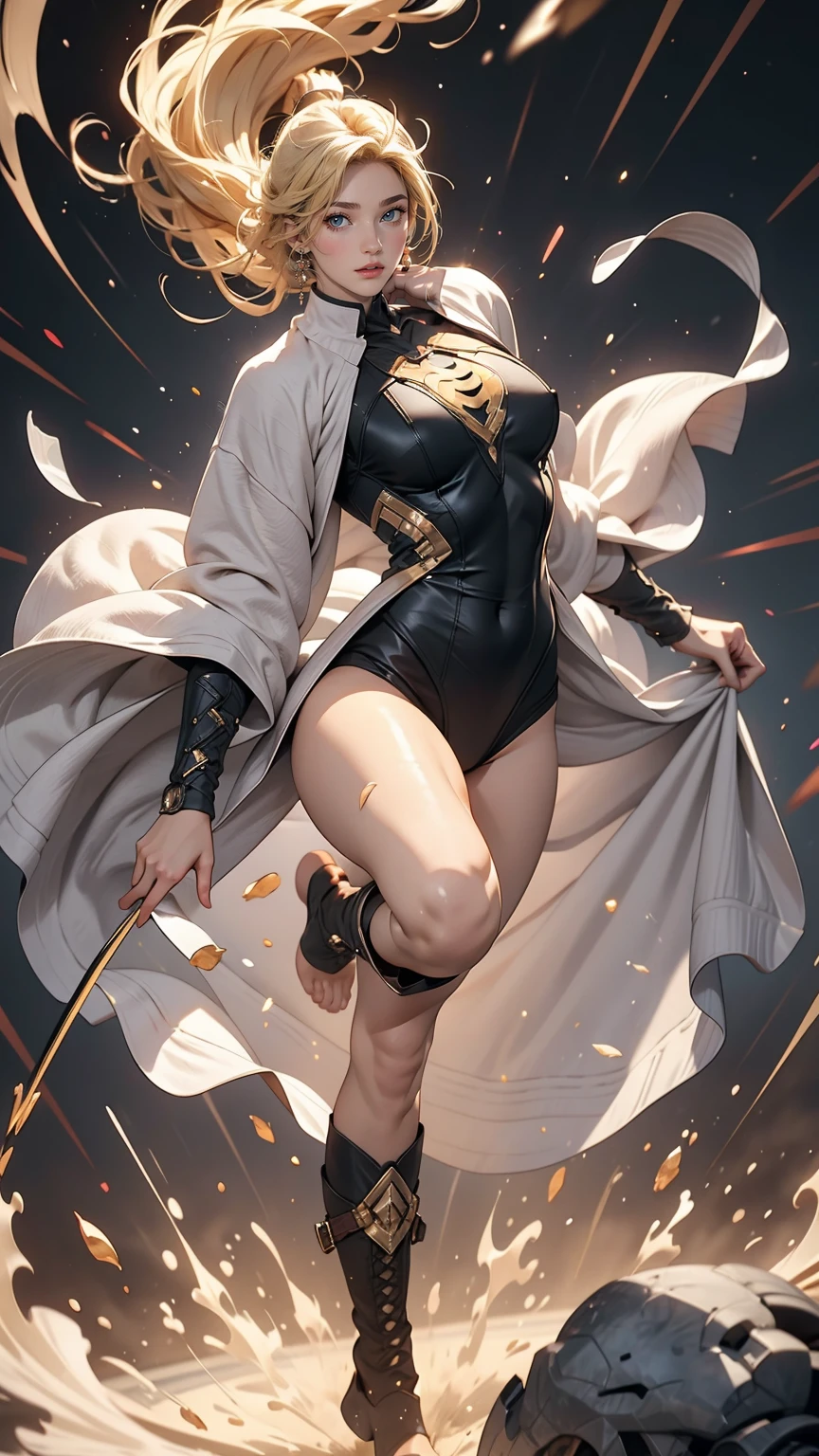 masterpiece, highest quality, sour, Grey sweater, Black leotard, Spin around, spin, Blonde Hair, Superhero, boots, tornado, Circlingwind, alone, barefoot, Circling, Wind effects, spinning into a tornado, fast spin, stand, time travel, Travel through time, High leg, Perfect hands, Perfect Fingers, High leg leotard, Power ups, tornado swirls