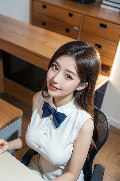 1 korean lady solo, sitting, (looking up) (from above), office worker, ((navy vest:1.1) over white dress shirt), mature female, /(beige brown hair/), kind smile, (masterpiece best quality:1.2) delicate illustration ultra-detailed, large breasts, bowtie BREAK (modern office) indoors, (reception desk), (stylish company logo on wall) , detailed background