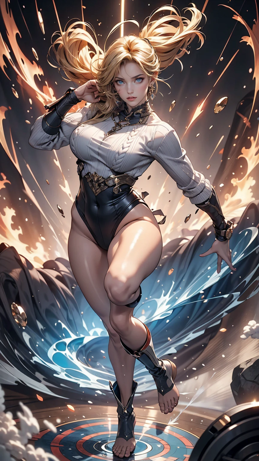 masterpiece, highest quality, sour, Grey sweater, Black leotard, Spin around, spin, Blonde Hair, Superhero, boots, tornado, Circlingwind, alone, barefoot, Circling, Wind effects, spinning into a tornado, fast spin, stand, time travel, Travel through time, High leg, Perfect hands, Perfect Fingers, High leg leotard, Power ups, tornado swirls