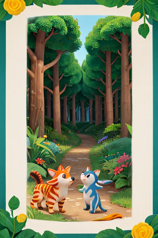 Create a coloring book cover with a vibrant, enchanting forest scene, untitled. Center a variety of typical Brazilian animals to attract a child's attention.