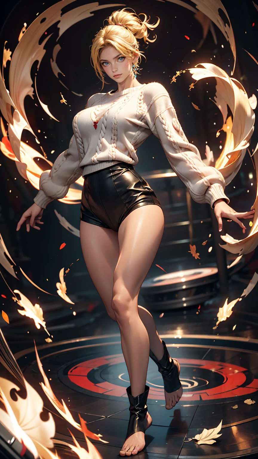 masterpiece, highest quality, sour, Grey sweater, Black leotard, Spin around, spin, Blonde Hair, Superhero, boots, tornado, Circlingwind, alone, barefoot, Circling, Wind effects, spinning into a tornado, fast spin, stand, time travel, Travel through time, High leg, Perfect hands, Perfect Fingers, High leg leotard, Power ups, tornado swirls