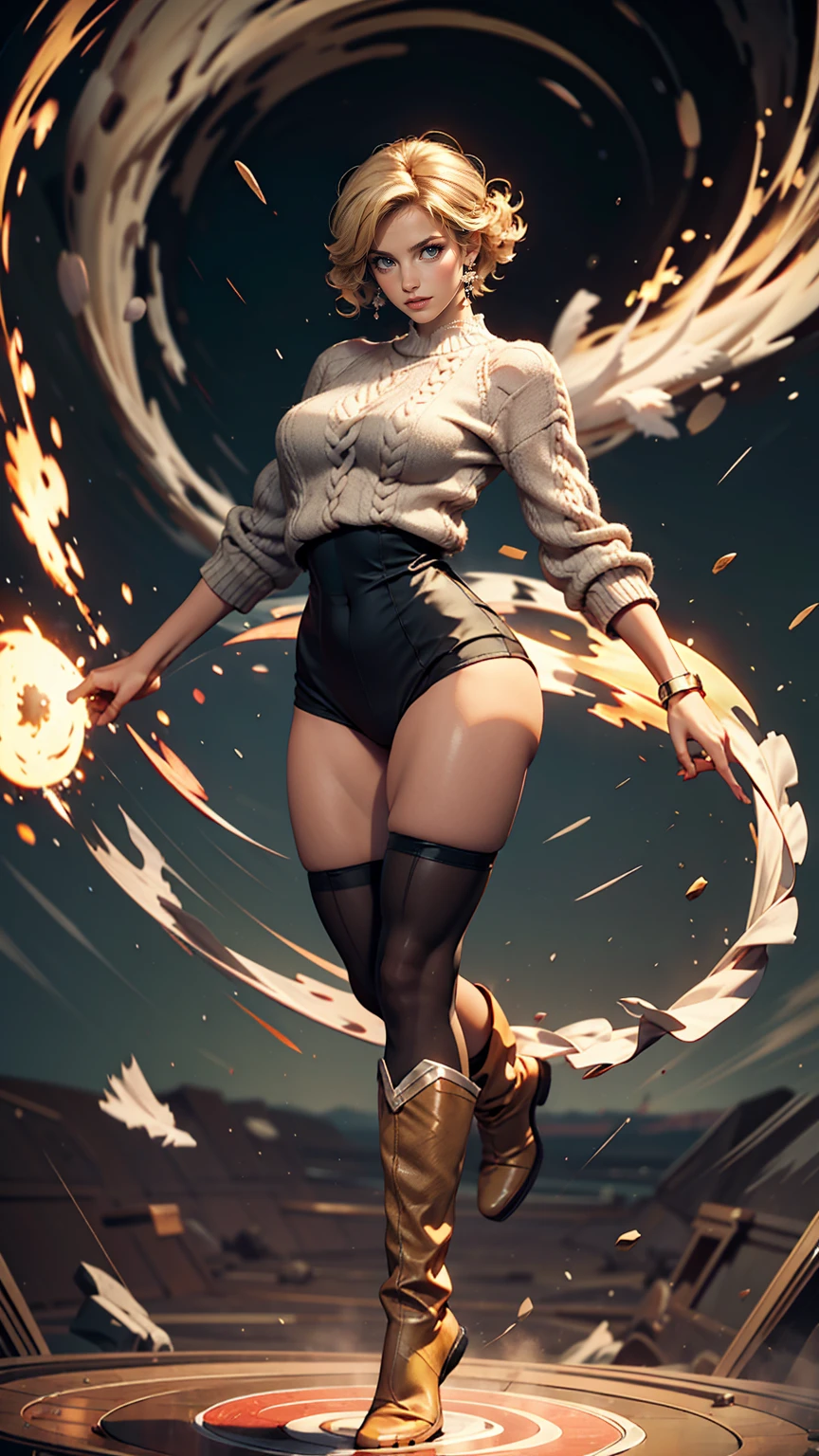 masterpiece, highest quality, sour, Grey sweater, Black leotard, Spin around, spin, Blonde Hair, Superhero, boots, tornado, Circlingwind, alone, barefoot, Circling, Wind effects, spinning into a tornado, fast spin, stand, time travel, Travel through time, High leg, Perfect hands, Perfect Fingers, High leg leotard, Power ups, tornado swirls