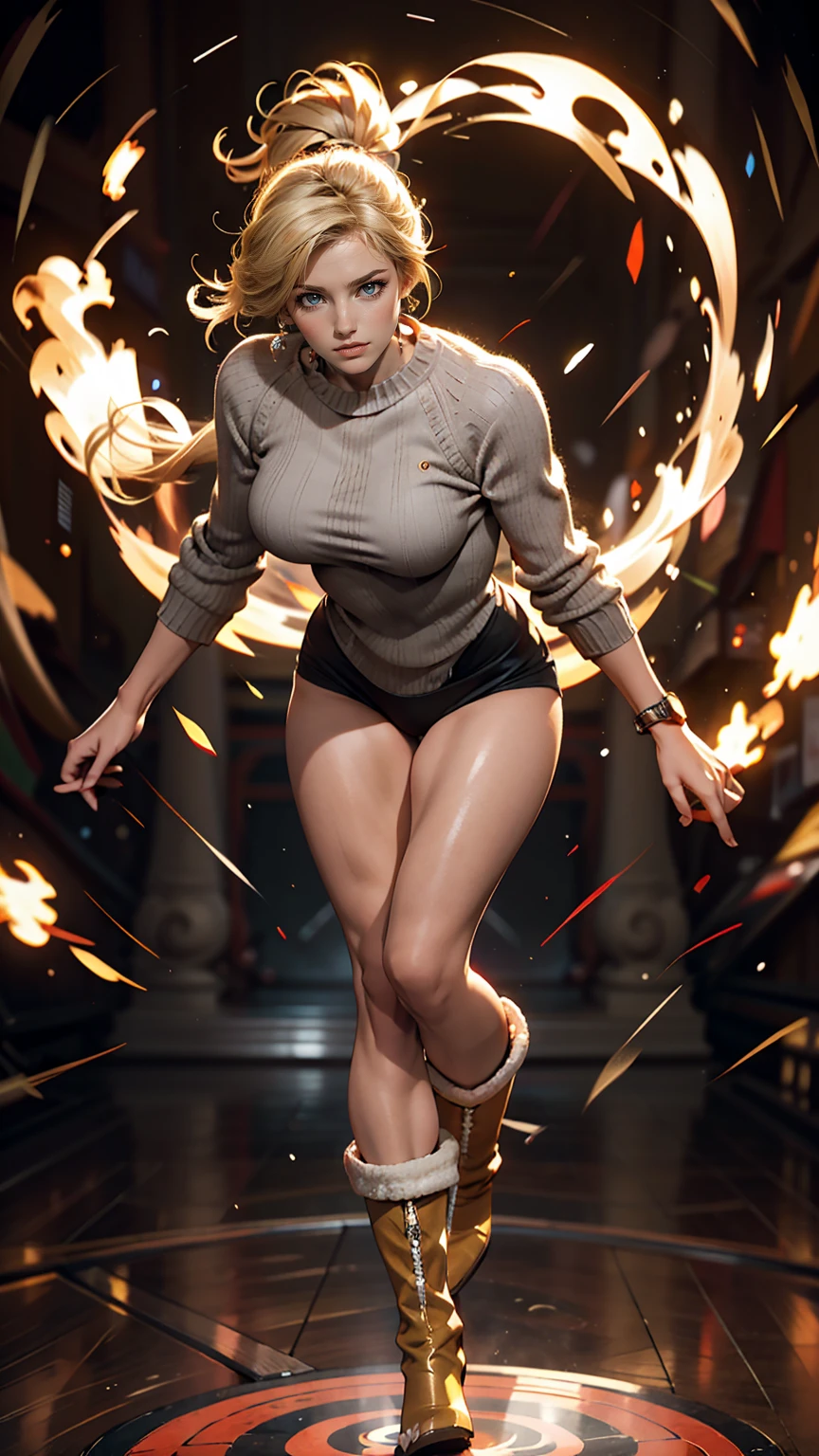 masterpiece, highest quality, sour, Grey sweater, Black leotard, Spin around, spin, Blonde Hair, Superhero, boots, tornado, Circlingwind, alone, barefoot, Circling, Wind effects, spinning into a tornado, fast spin, stand, time travel, Travel through time, High leg, Perfect hands, Perfect Fingers, High leg leotard, Power ups, tornado swirls
