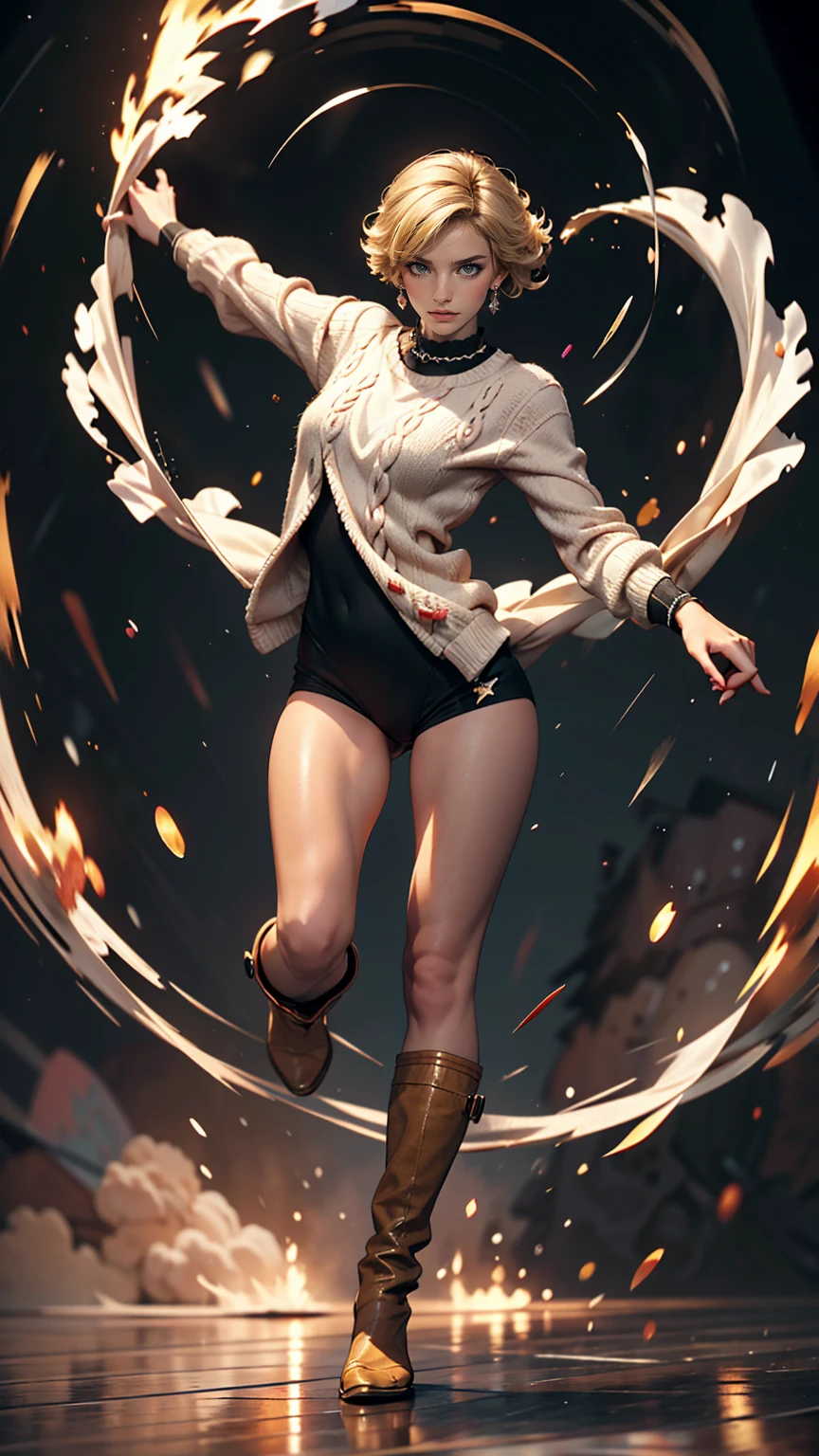 masterpiece, highest quality, sour, Grey sweater, Black leotard, Spin around, spin, Blonde Hair, Superhero, boots, tornado, Circlingwind, alone, barefoot, Circling, Wind effects, spinning into a tornado, fast spin, stand, time travel, Travel through time, High leg, Perfect hands, Perfect Fingers, High leg leotard, Power ups, tornado swirls