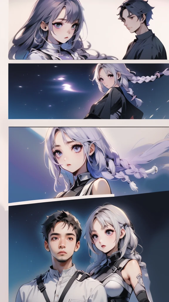 (masterpiece, highest quality), Couple(1 male, 1 woman with purple and white gradient double braids),、 detailed, comics, boy,heart、like、 Meeting between a man and a woman, Manga Page, Doujinshi, Download contents, anime, Branch Panel, (From right to left, Top to bottom),The girl&#39;s characteristic is yinji,1girl,solo, purple eyes, long hair, twin braids, purple hair, multicolored hair, elbow gloves, bangs, very long hair,bare shoulders, black skirt, grey hair, dress, smile, side cutout,covered navel, side cutout,cryptic girl
