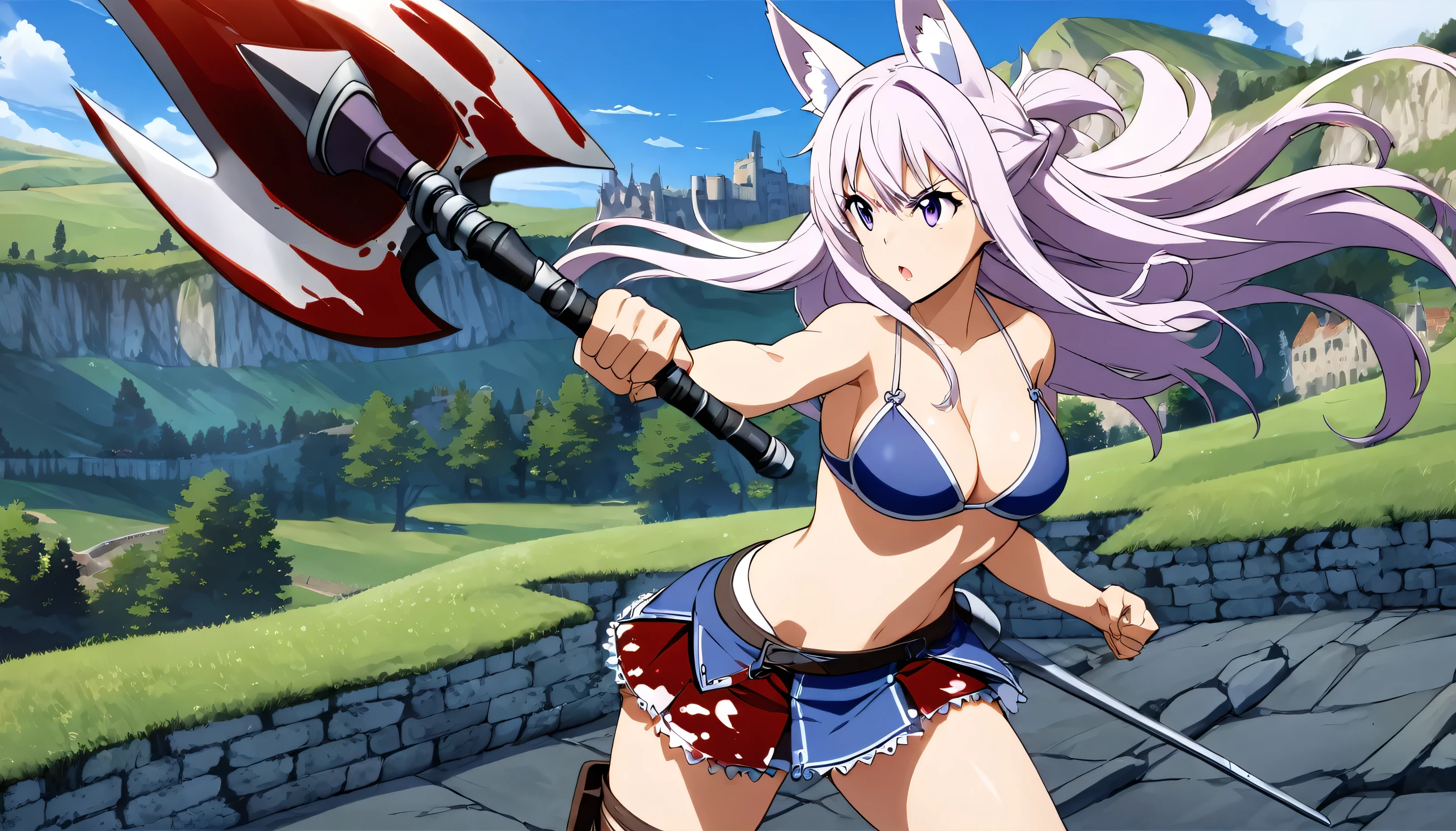 Manga girl with small fox ears, short chainmail skirt and bikini, white long hair blowing in the wind, purple eyes, medium sized breasts, fighting action pose battle axe, medieval landscape, mountains in the distance, blue sky, blood splatter