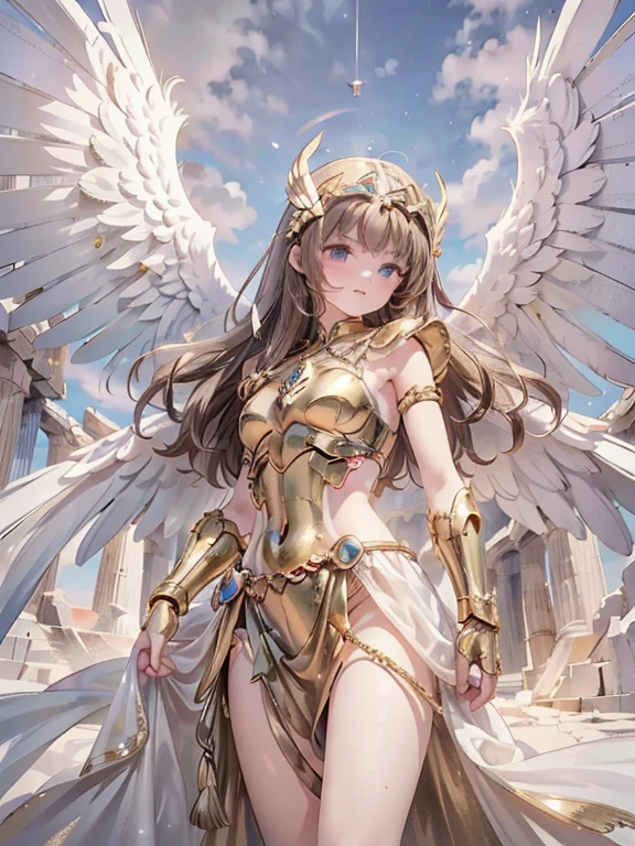 masterpiece, highest quality, Very detailed, 16k, Ultra-high resolution, Cowboy Shot, Detailed face, Perfect Fingers, One female, , Greece, Dreamscape, In front of the Parthenon, SagittariusArmor, armor, golden armor, wings, helmet, long metal wings, long golden wings