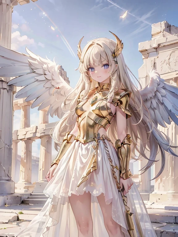 masterpiece, highest quality, Very detailed, 16k, Ultra-high resolution, Cowboy Shot, Detailed face, Perfect Fingers, One female, aged 14, Greece, Dreamscape, In front of the Parthenon, SagittariusArmor, armor, golden armor, wings, helmet, long metal wings, long golden wings