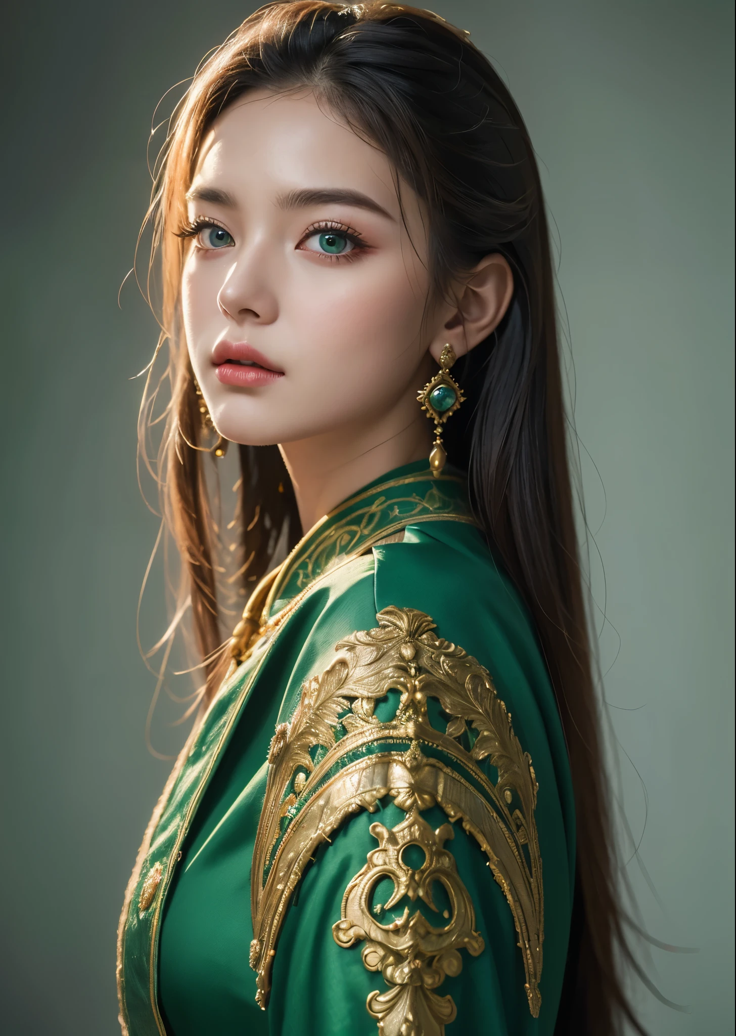 (8k, RAW Photos, highest quality, masterpiece:1.2), (Realistic, photo-Realistic:1.37),One girl, 20-year-old、dress, Green Eyes, Long Hair, super detailed cloth, beautiful decoration on dress,　The Demon King&#39;s Mansion