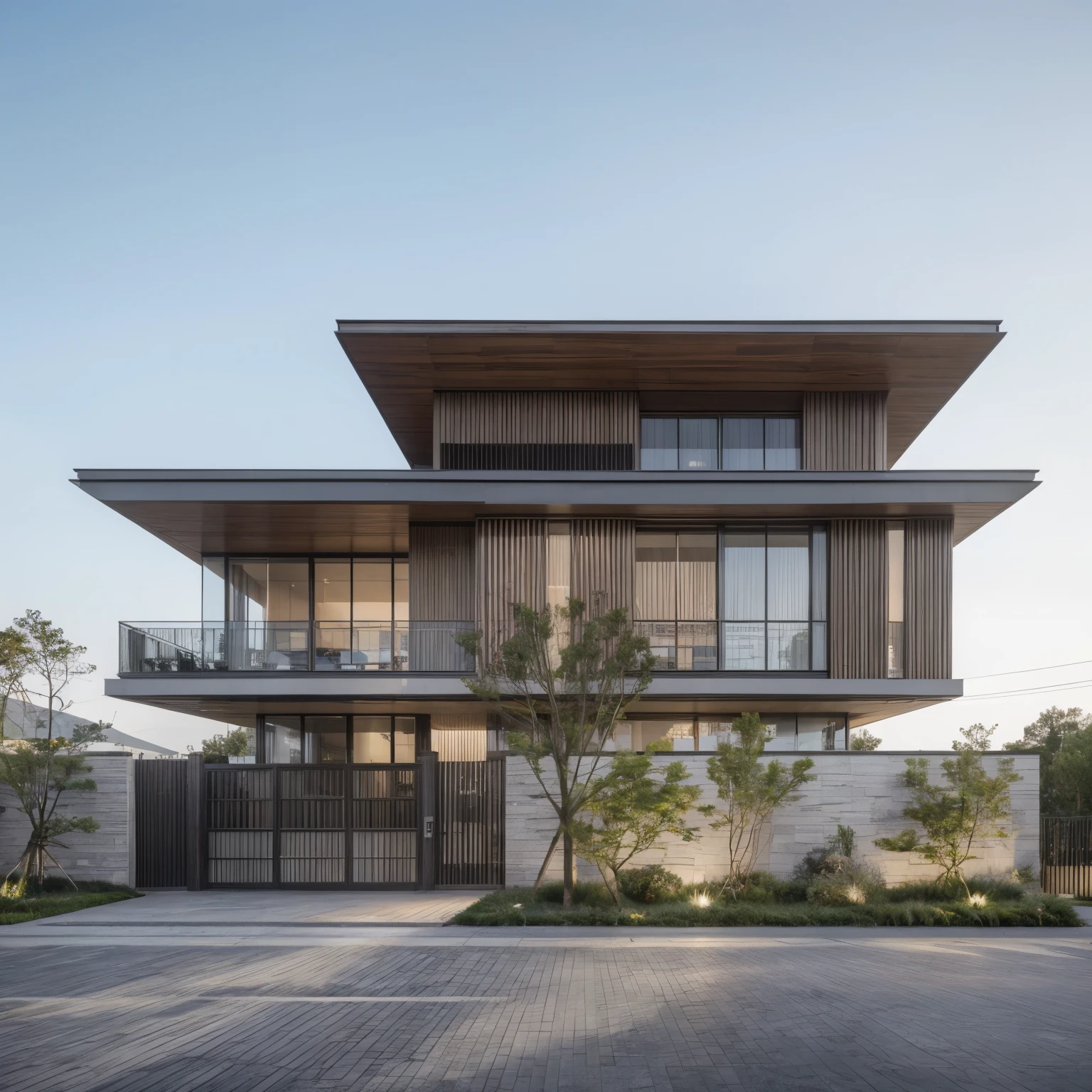 RAW photo, Exterior of white modern house, dark wood, (road:1.3), (sidewalk:1.3), (sidewalk trees:1.3), (residences area:1.4), ((day time)), clearsky, ((sun light)), tropical trees and plants, (high detailed:1.2), 8k uhd, dslr, soft lighting, high quality, film grain, Fujifilm XT3, (sharpen:1.5)