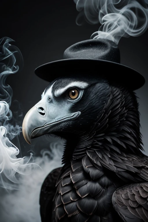 Create a mysterious black and white drawing featuring a vulture smoking a vape. The vulture should be wearing a stylish hat, adding to its enigmatic appearance. The smoke from the vape should be depicted in an artistic and fluid manner, blending seamlessly with the monochromatic background. The overall atmosphere of the image should be surreal and intriguing, focusing on the unique details of the vulture, the hat, and the vapor. Include a logo in the image that reads 'Pods Osasco'.