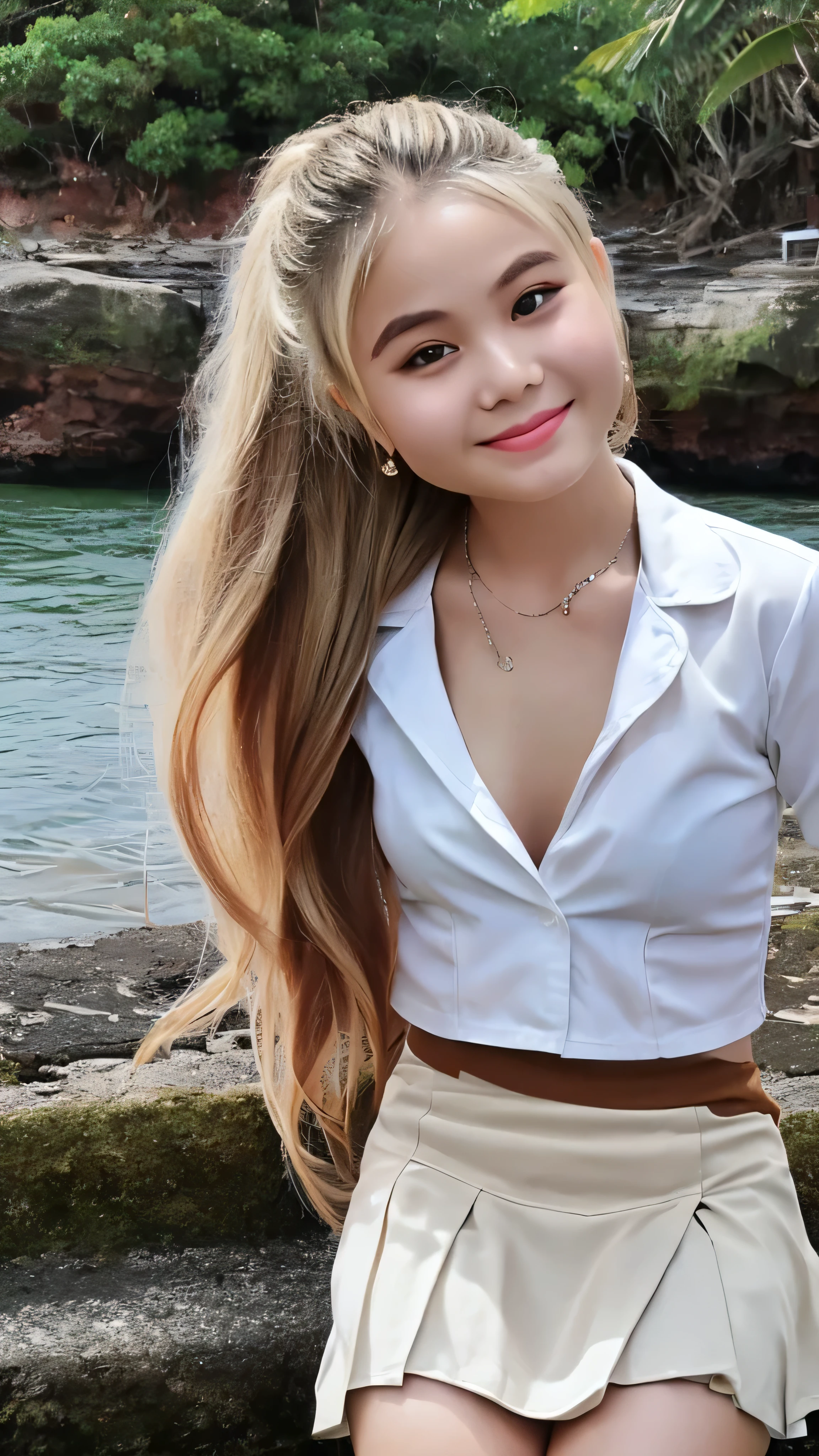 1 girl, alone, looking at the viewer, blonde long hair, hair is tied up, beautiful body, smaller chest, open white shirt only, black mini skirt, brown eyes, Coastal rocky background, smile, realistic, masterpiece, 最high quality, high quality, High resolution,