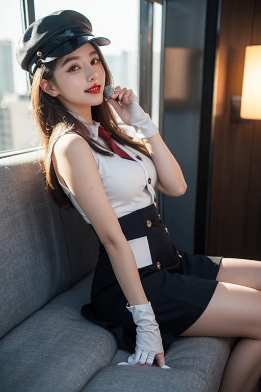 (((full body,including legs)))、(((perfect uniform of Japanese stewardess, blue striped necktie, vest-dress uniform、small hat, white formal short gloves,(black high-heel), ((with a mini mic in her hand))),bus guide,Bus guide in Japan、little smile,white blouse,tight blouse)))、(((navy bowler hat),navy hat)), white gloves, short gloves, high heel、Dressed up、(Photo real:1.4)、(A hyper-realistic:1.4)、(Photorealistic:1.3)、 (gentle lighting: 1.05)、(Improve the lighting quality of your video:0.9)、32k、 1Girl、28years old girl、photorealistic lighting、Back lighting、Facial Lights、Ray Trace、(bright:1.2)、(Increase quality:1.4)、 (best quality real texture skin)、Fair eyes,Delicate and delicate face, Close-up of the breasts, white blouse,tight blouse,tight vest-dress uniform, (Bodyline mood improvement:1.1)、goofigure,Glossy skin、wavy hair,blonde hair,Korean Idol、Nogizaka Idol、Sculptural Idol Pose、little smile,blush,Beautiful actress、Neat woman,whole body, (((midium breasts,beautiful breasts))),(perfect row of teeth),slender waist and hip,beautiful long legs,full shot)、((8heads tall)、(((Tempting、Embarrassing)))、dynamic pose,gravure pose,(eye shadow),((red cheek、red lips)),Super Clean Night View、night time、blush,little smile,(((full shot)))、(((in the elevater))),