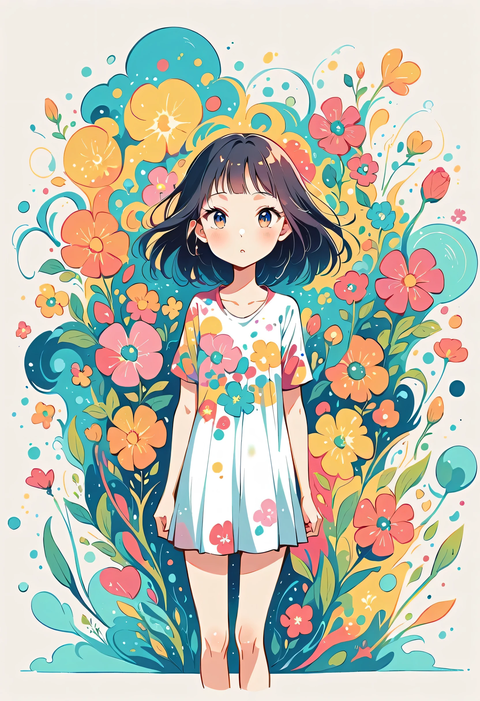 Watase Seizo style, Standing in front of a high wall,Simple Line Initialism,Abstract art,Urban Background, (((The most beautiful girl))), colorful flowers