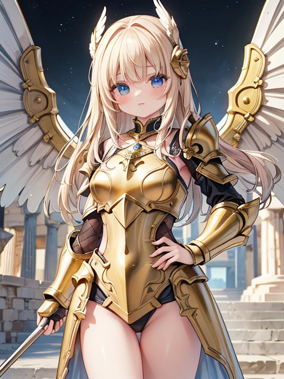 masterpiece, highest quality, Very detailed, 16k, Ultra-high resolution, Cowboy Shot, Detailed face, Perfect Fingers, One female, aged 14, Greece, Dreamscape, In front of the Parthenon, SagittariusArmor, armor, golden armor, wings, helmet, long metal wings, long golden wings