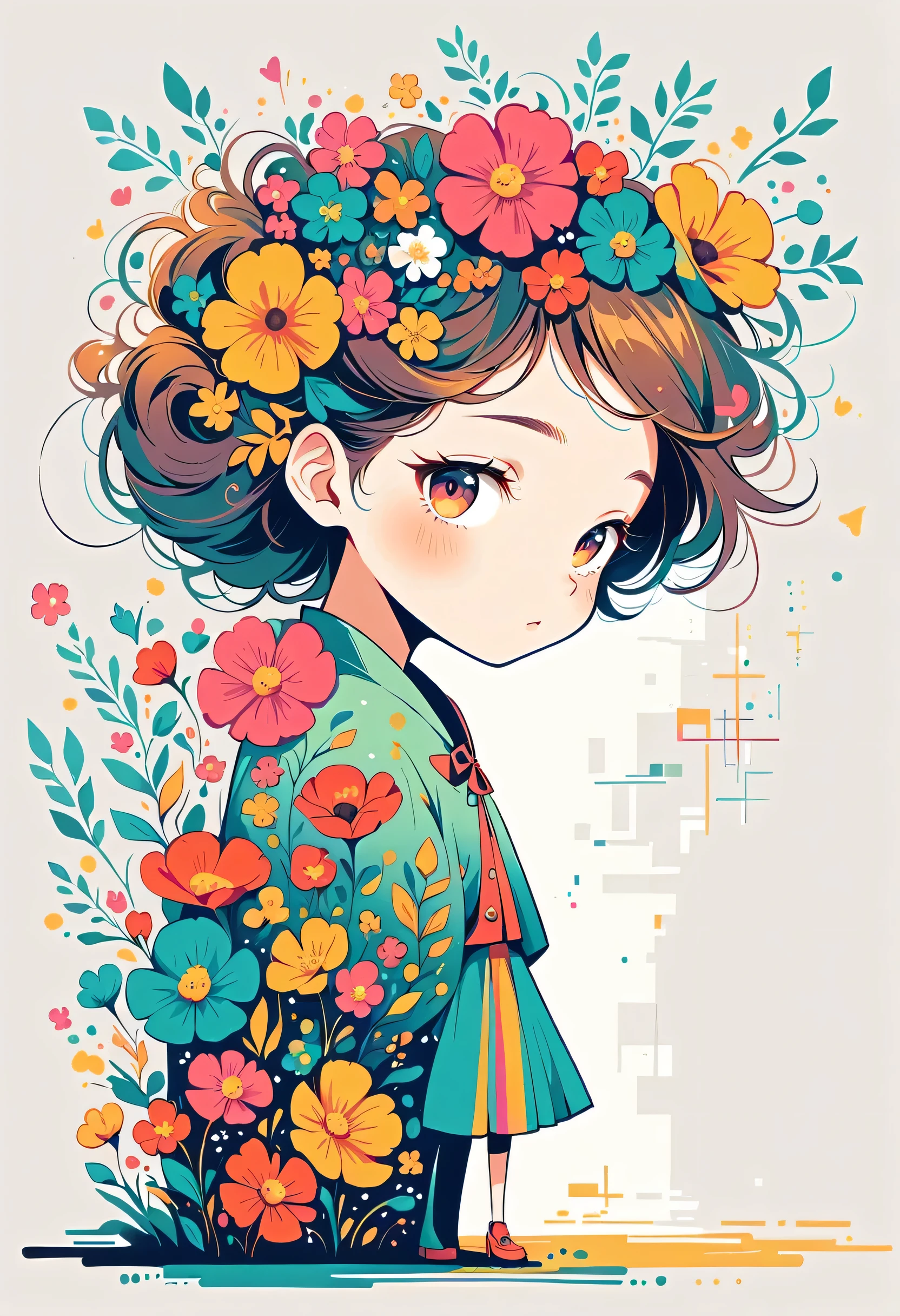 Watase Seizo style, Standing in front of a high wall，Simple Line Initialism，Abstract art，Urban Background, (((The most beautiful girl))), colorful flowers