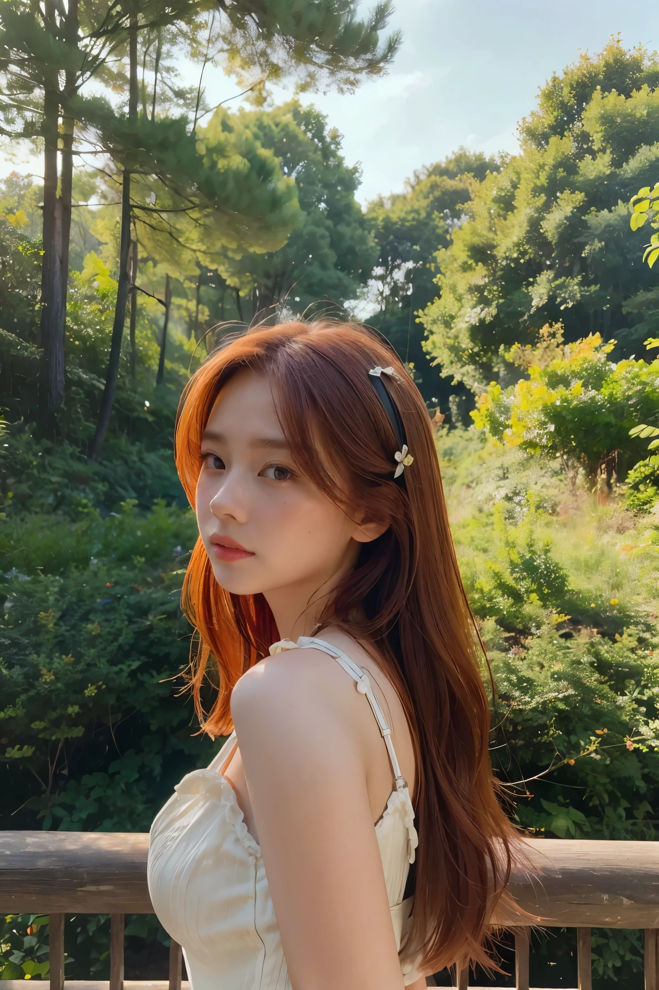 (Masterpiece:1.2, Best Quality), Forest, a girl, girl in Redhead, , Thinking