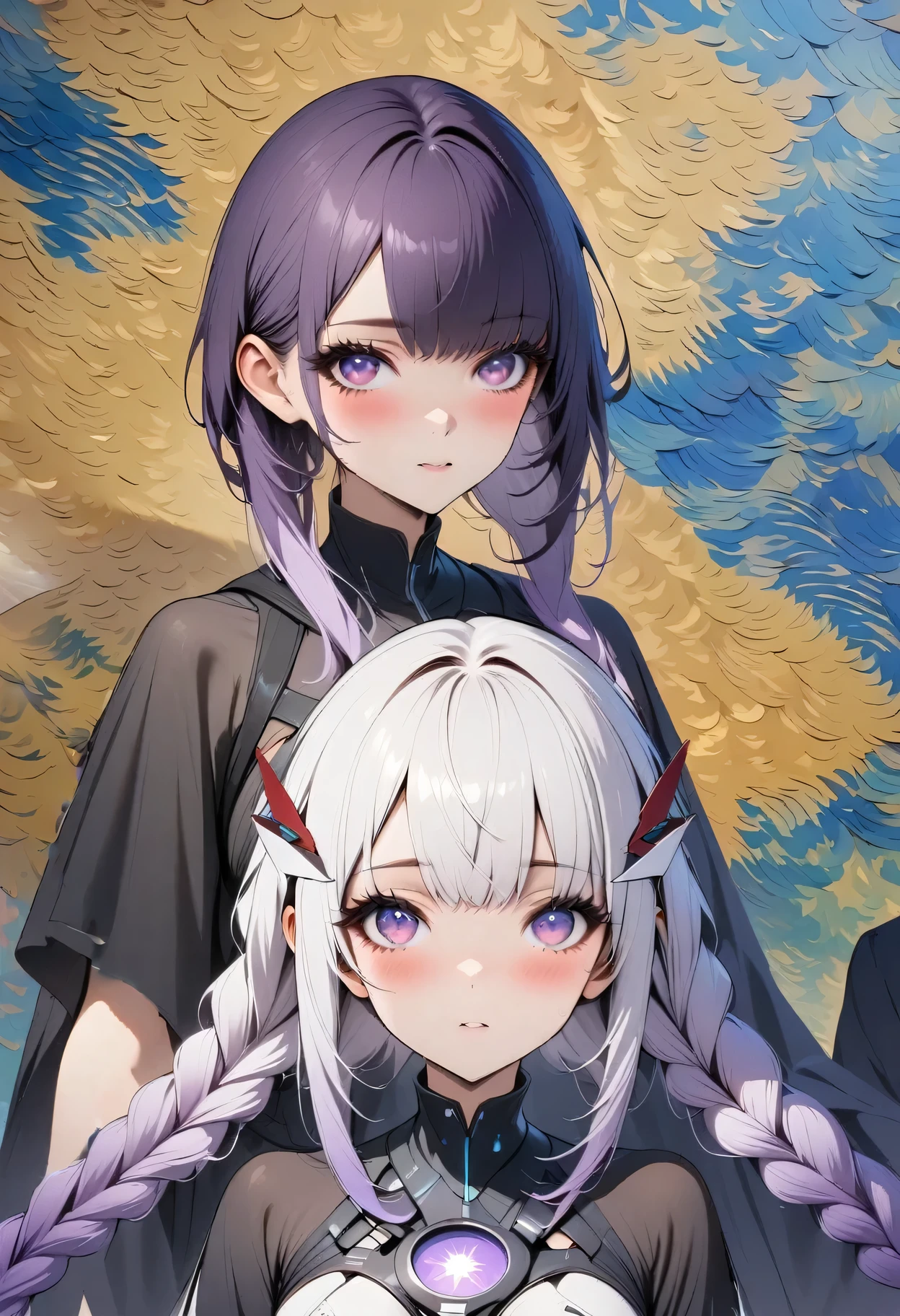 masterpiece, best quality, 4k, Ultra HD, Beautiful eyes and delicate face, illustration, Beautiful and detailed, high resolution illustration, Luminescence_White_particle,A pair of partners, bust, yinji, [A girl purple hair, purple eyes, long hair, white hair, double braids, gradient hair], Short side details, Poker face, curtain, Cyberpunk, Technical clothing,(Vincent Van Gogh Impressionism:1.4)