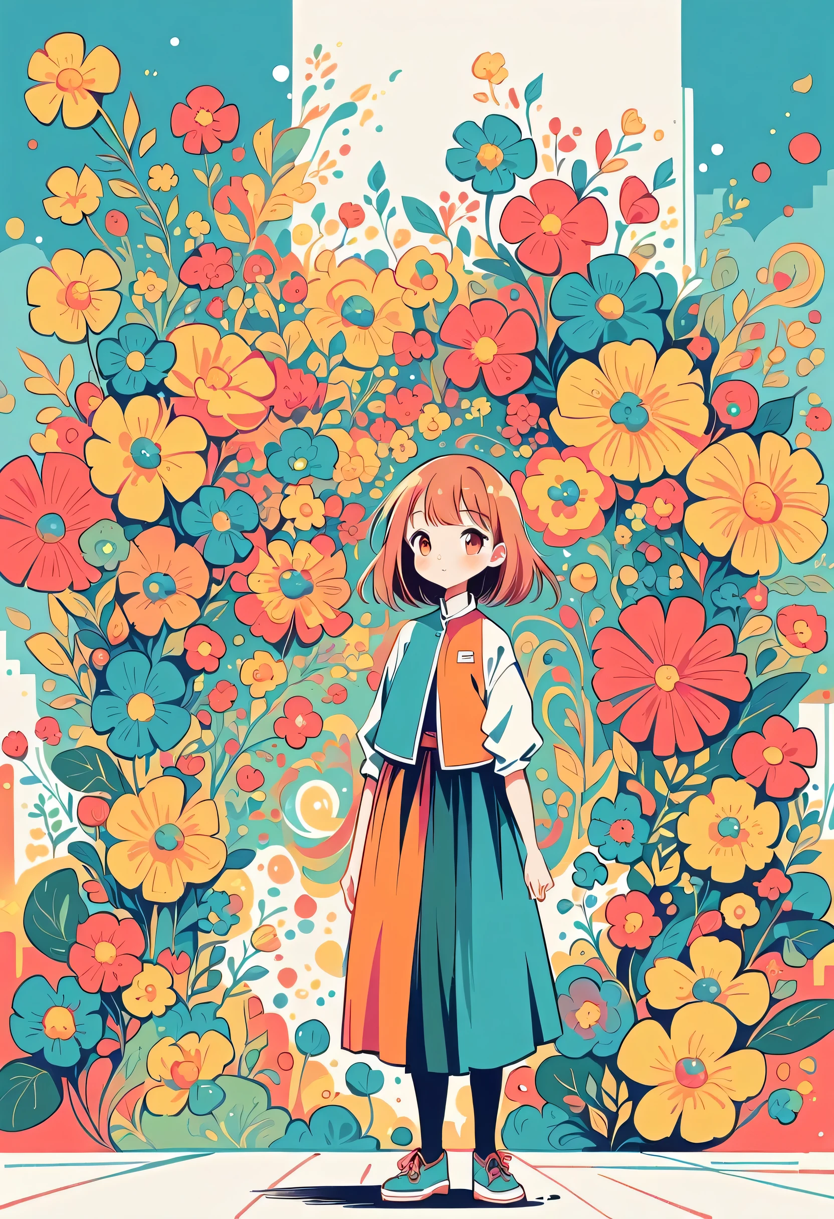 Watase Seizo style, Standing in front of a high wall,Simple Line Initialism,Abstract art,Urban Background, (((The most beautiful girl))), colorful flowers