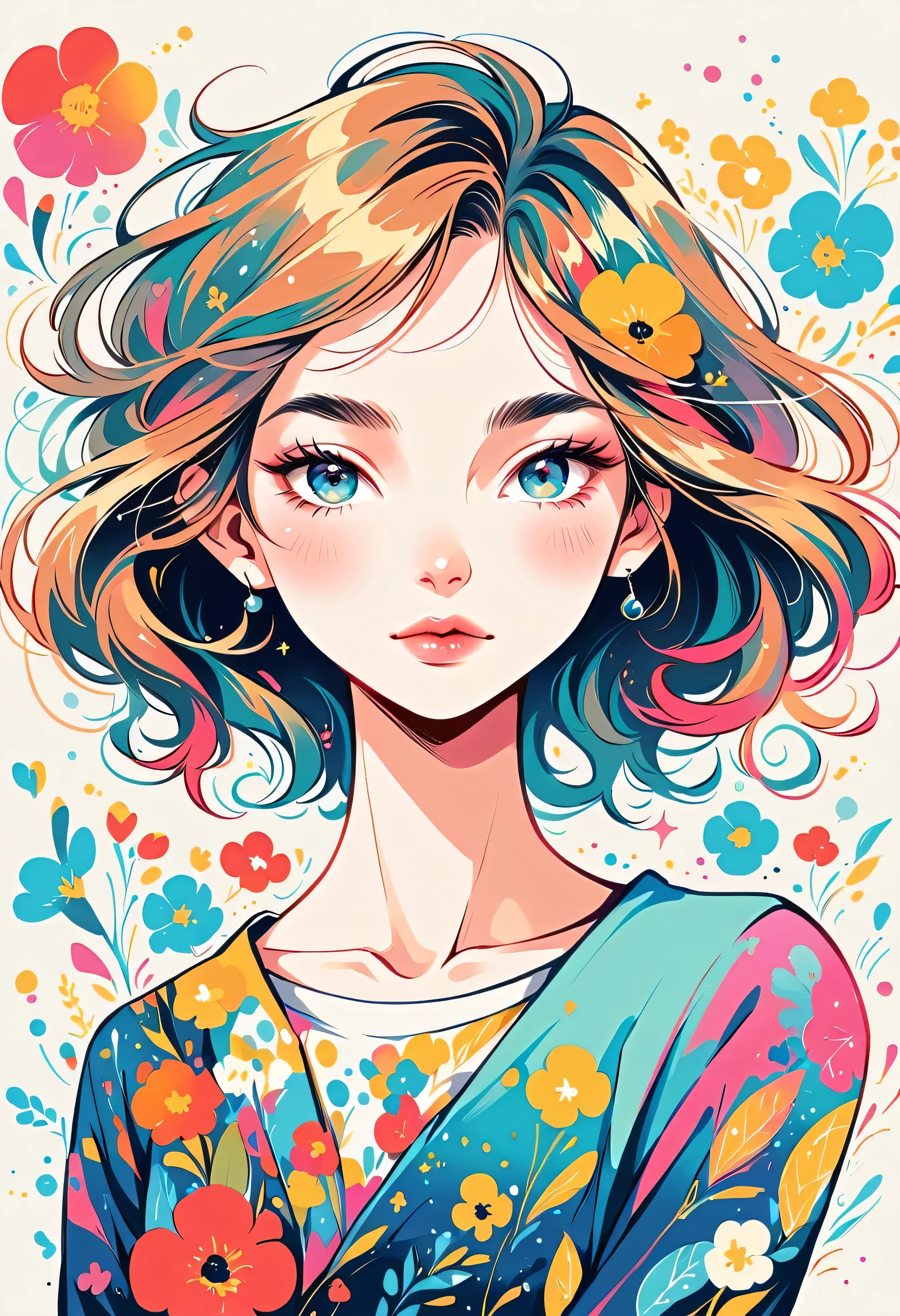 Takashi Murakami style, Stylish design,Stylish fashion,Simple Line Initialism,Abstract art,Urban Background, (((The most beautiful girl))), Lips in Love, colorful flowers