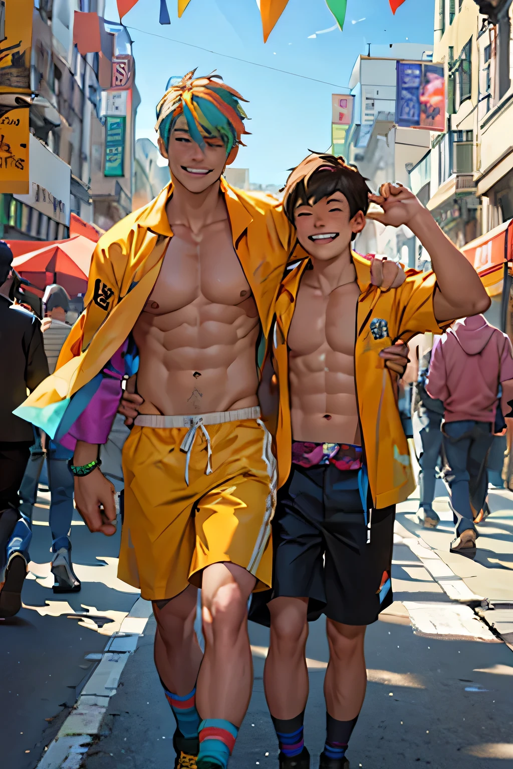 2 guys, dating, shirtless,  outside, parade, happy, smile, rainbow, 