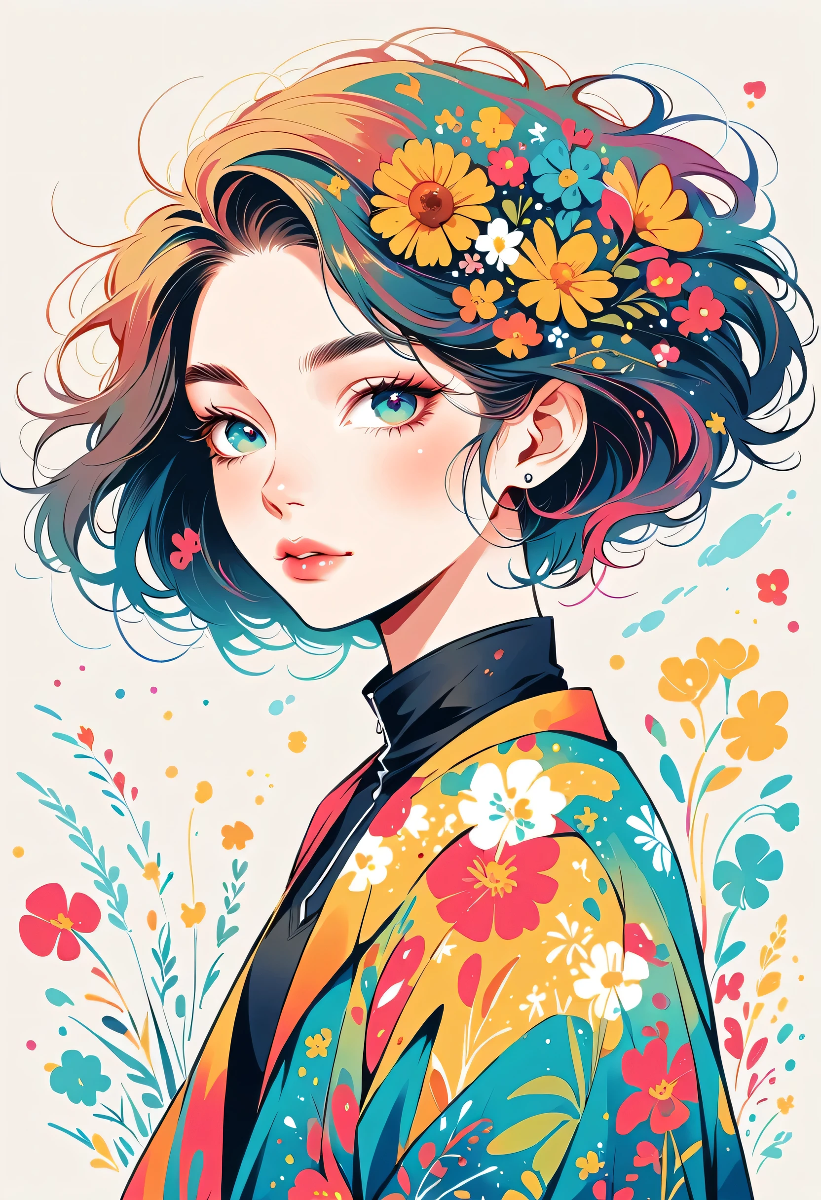 Takashi Murakami style, Stylish design,Stylish fashion,Simple Line Initialism,Abstract art,Urban Background, (((The most beautiful girl))), Lips in Love, colorful flowers