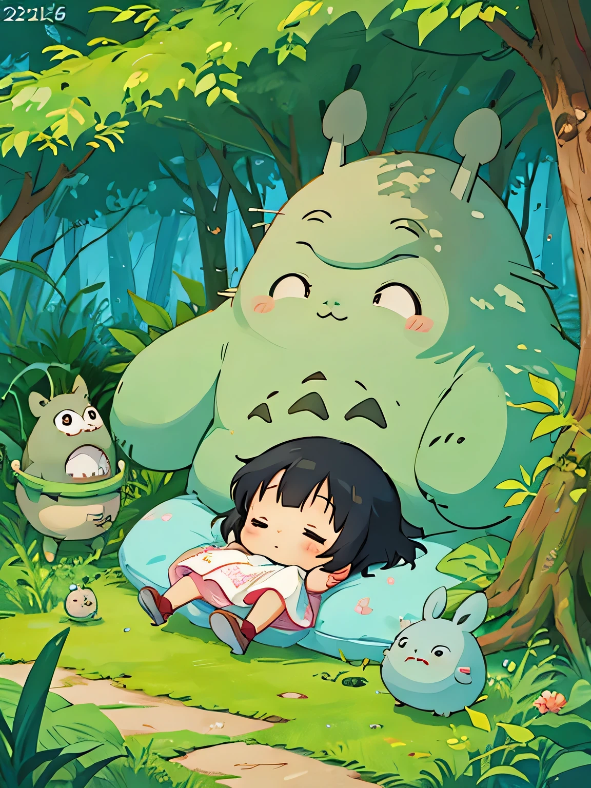 hayao miyazaki style, Kawaii Design, The most beautiful girl of all time、Chibi, Taking a nap、Totoro Forest