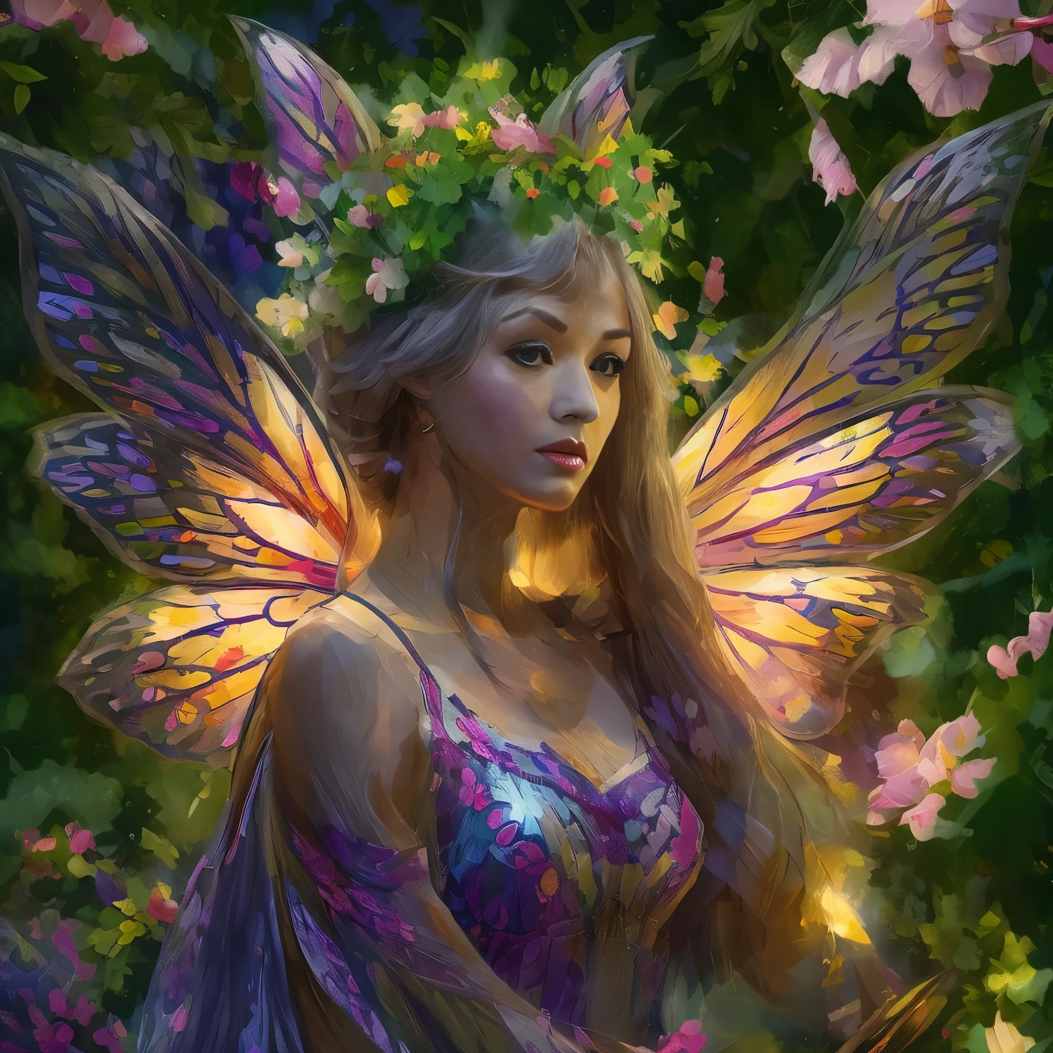 high quality、8k、Realistic、masterpiece、Very detailed、Cinema Lighting、dramatic、ether、elegant、Titania, Graceful fairy queen、I'm very proud、Amazingly beautiful、Butterfly Wings、Ideal ratio、Intricate details、Fantasy、Mysterious、loose fitting dress、Ornate headdress、Shining Aura、Calm expression、Bright colors、Chiaroscuro lighting、Lush leaf background
