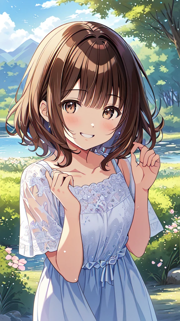 highest quality, masterpiece, Ultra-high resolution, 8k, Summer sky, early summer, (((Summer clothes)), Show anime style , One, Soft Line Art, Digital Enhancement, shojo anime touch, shojo manga core, Flowing fabric, close, (Short brown hair)), Wet Hair, Staring at us from the front, Soft Drawing, Beautiful brown hair, I see myself reflected in those clear brown eyes, A little chubby,Small breasts,(((Teasing Smile)) , Ultra High Definition Digital Anime Art, Clear facial depiction, Highly detailed girl manga character art, Ultra-detailed manga style, highest qualityの色, hand, Landscape with nature, Look up at the sky, (((Face up photo)))