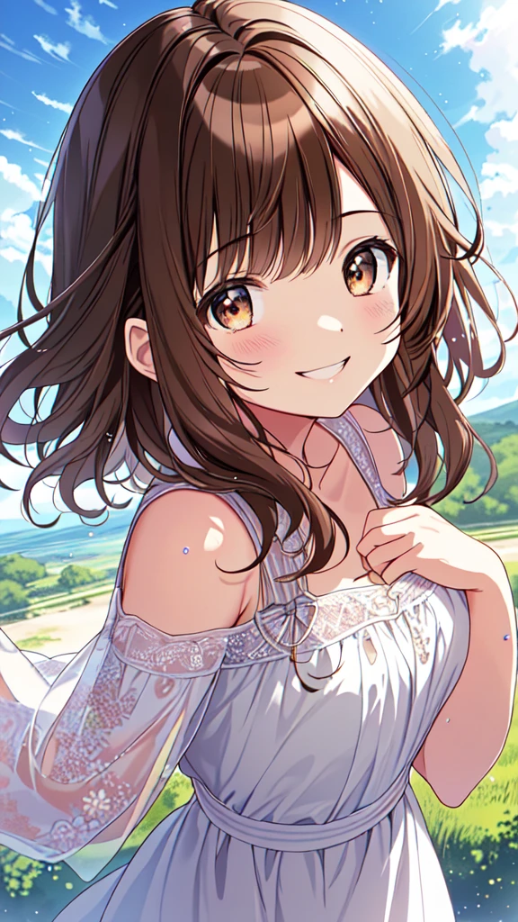 highest quality, masterpiece, Ultra-high resolution, 8k, Summer sky, early summer, (((Summer clothes)), Show anime style , One, Soft Line Art, Digital Enhancement, shojo anime touch, shojo manga core, Flowing fabric, close, (Short brown hair)), Wet Hair, Staring at us from the front, Soft Drawing, Beautiful brown hair, I see myself reflected in those clear brown eyes, A little chubby,Small breasts,(((Teasing Smile)) , Ultra High Definition Digital Anime Art, Clear facial depiction, Highly detailed girl manga character art, Ultra-detailed manga style, highest qualityの色, hand, Landscape with nature, Look up at the sky, (((Face up photo)))