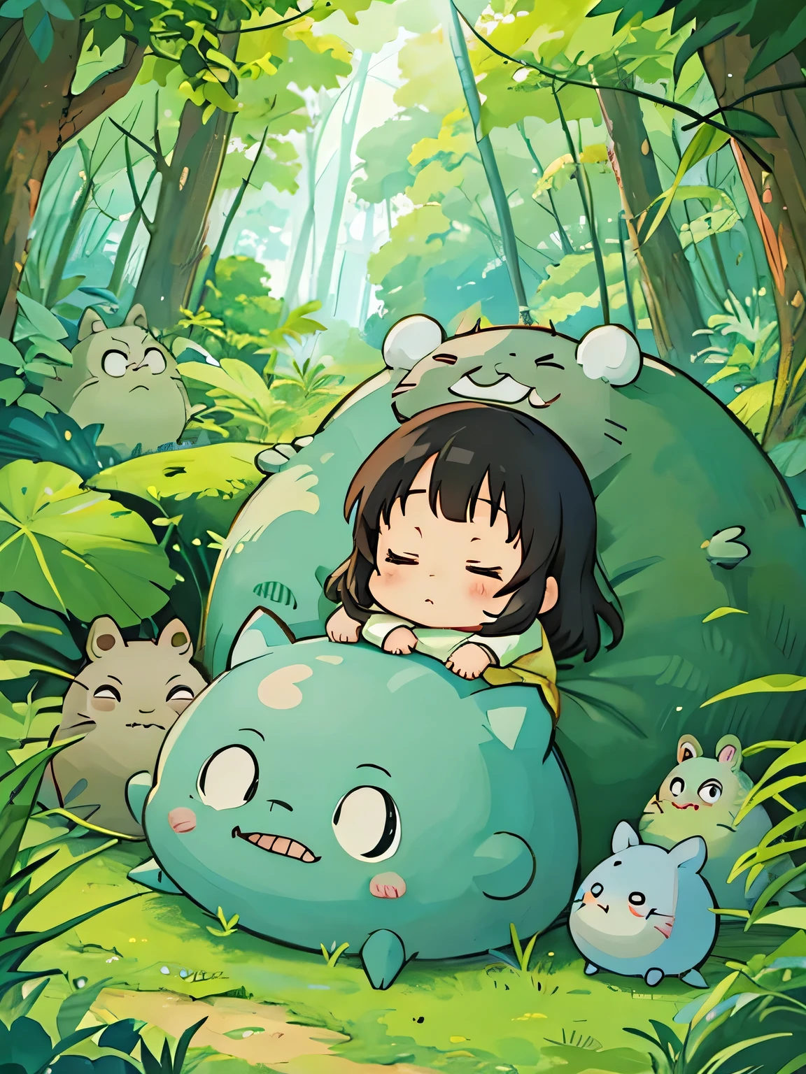 hayao miyazaki style, Kawaii Design, The most beautiful girl of all time、Chibi, Taking a nap、Totoro Forest