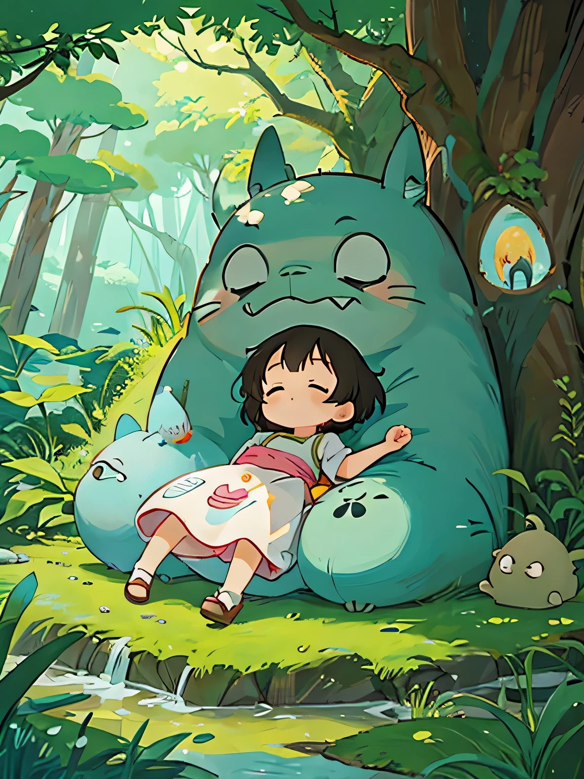 hayao miyazaki style, Kawaii Design, The most beautiful girl of all time、Chibi, Taking a nap、Totoro Forest