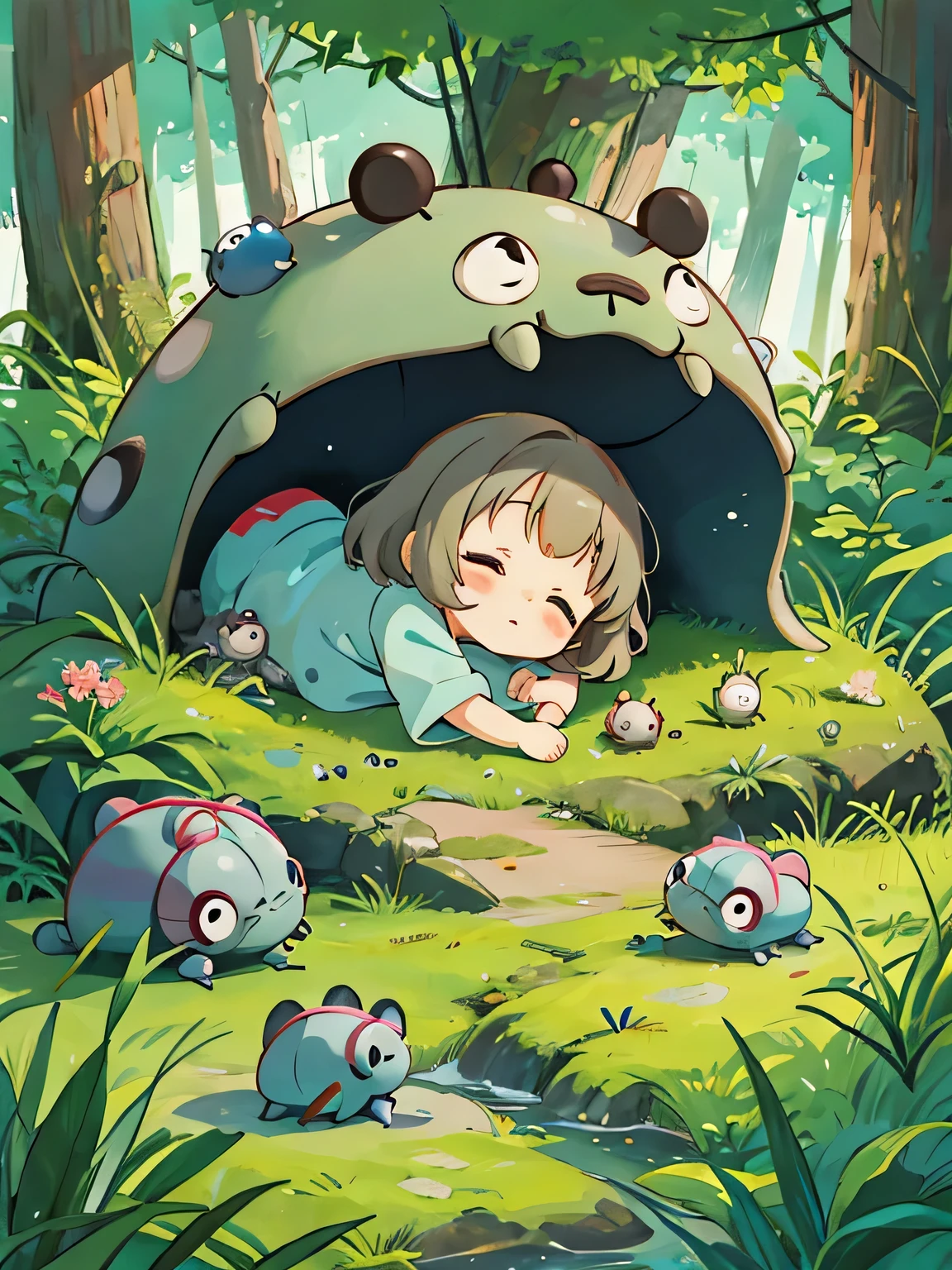 hayao miyazaki style, Kawaii Design, The most beautiful girl of all time、Chibi, Cute and colorful pillbugs、Taking a nap、Lots of pillbugs、Totoro Forest