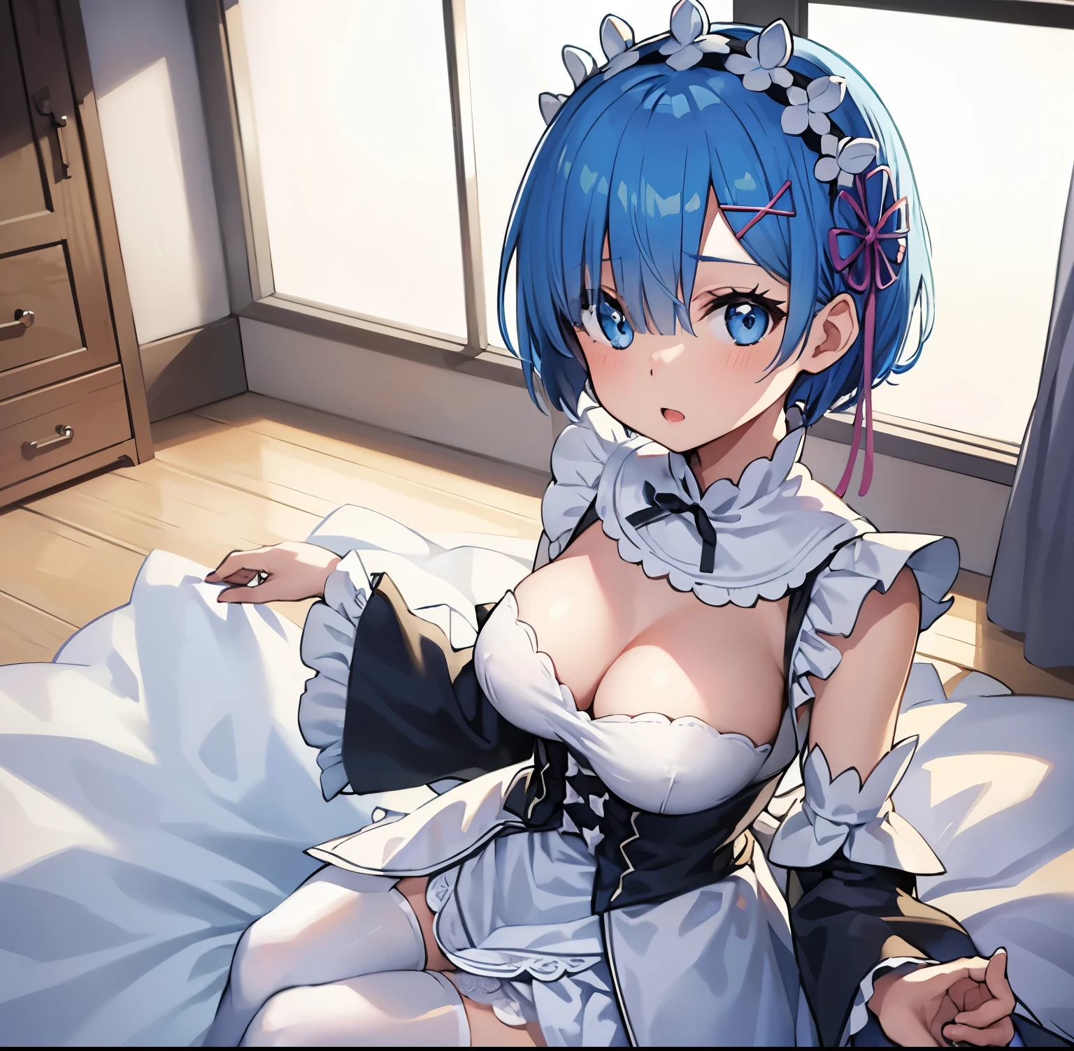 1 girl, alone, rem_rezero, blue hair, blue eyes, white wedding dress, cleavage, sleeveless, bare back, bare shoulders, white stockings, black breasts, medium waist, wide hips, medium thighs, round butt, detailed_background, surroundings futuristic, room, bedroom, standing, looking at viewer, head-on, point of view (from above), perfect anatomy, perfect hands